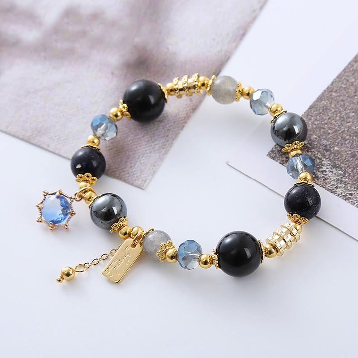 Buddha Stones Natural Black Obsidian Hematite Blue Sandstone Strength Bracelet