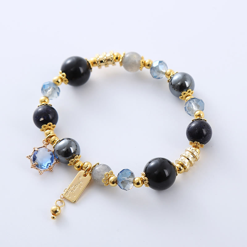 Buddha Stones Natural Black Obsidian Hematite Blue Sandstone Strength Bracelet