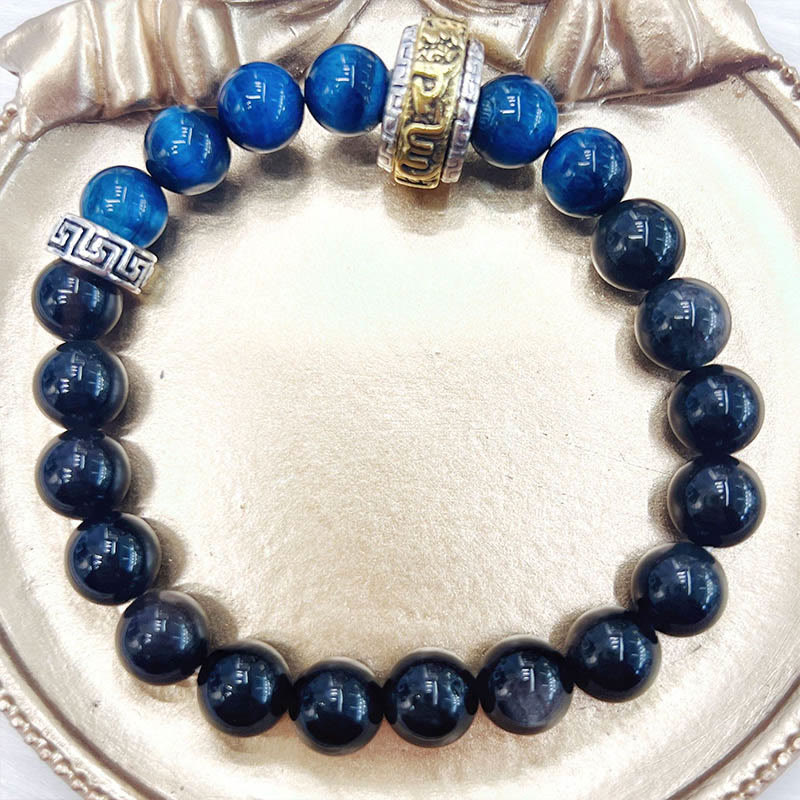 Buddha Stones Silver Sheen Obsidian Blue Tiger Eye Protection Bracelet