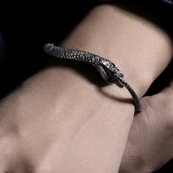 Buddha Stones Sterling Silver Snake Shape Texture Year Of The Snake Blessing Bracelet