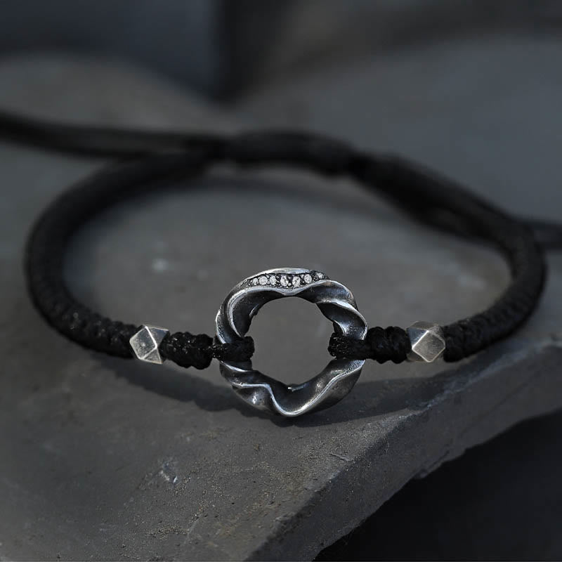 Buddha Stones 999 Sterling Silver Peace Buckle Black Wax Rope Protection Bracelet - 999 Sterling Silver Wax Rope(Wrist Circumference: 13-22cm) - image 0