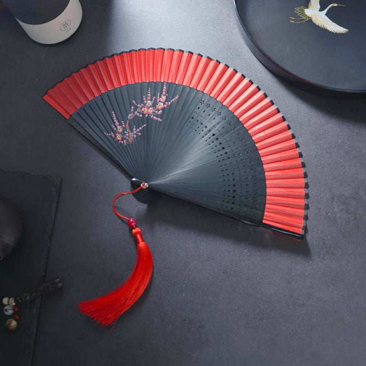 Buddha Stones Flower Rabbit Spray Painting Handheld Cotton Linen Fabric Bamboo Folding Fan - Red Plum Blossom 21cm - image 0