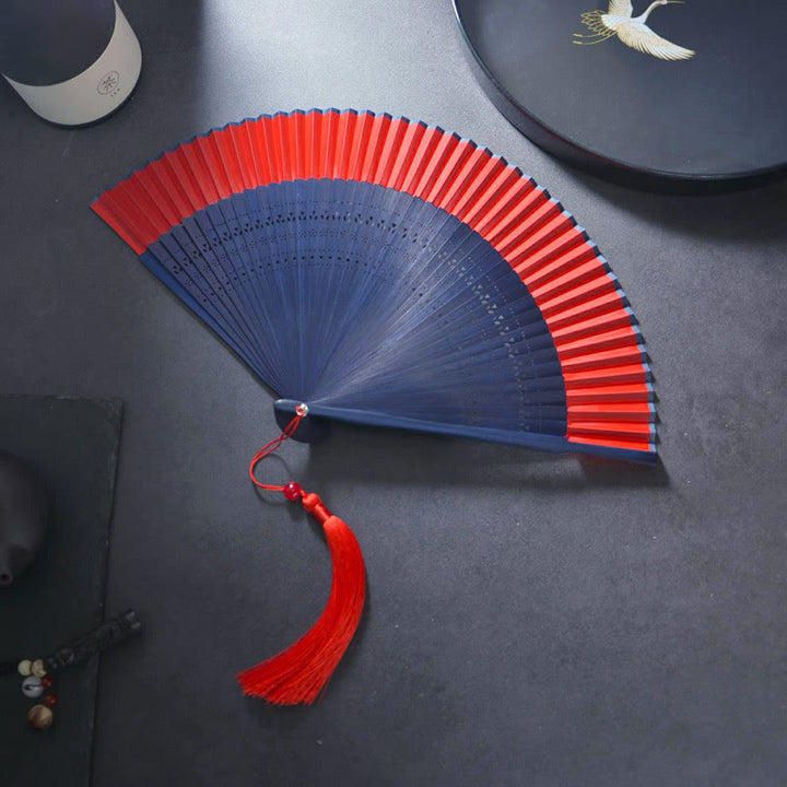 Buddha Stones Flower Rabbit Spray Painting Handheld Cotton Linen Fabric Bamboo Folding Fan - Red Blue 21cm - image 9