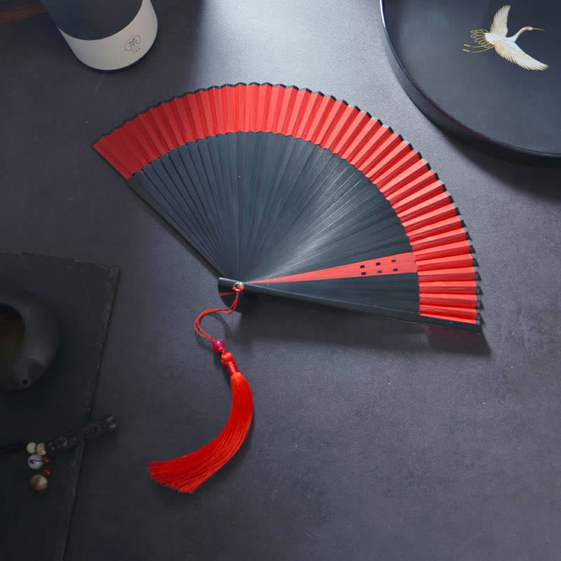 Buddha Stones Flower Rabbit Spray Painting Handheld Cotton Linen Fabric Bamboo Folding Fan - Black With Red 21cm - image 10