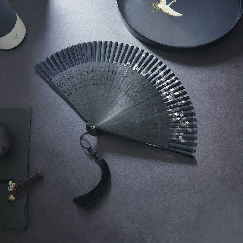 Buddha Stones Flower Rabbit Spray Painting Handheld Cotton Linen Fabric Bamboo Folding Fan - Pure Black Cherry Blossom 21cm - image 7