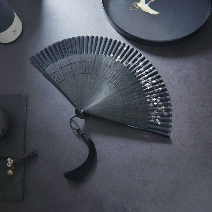 Buddha Stones Flower Rabbit Spray Painting Handheld Cotton Linen Fabric Bamboo Folding Fan - Pure Black Cherry Blossom 21cm - image 7