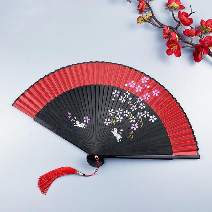 Buddha Stones Flower Rabbit Spray Painting Handheld Cotton Linen Fabric Bamboo Folding Fan - Rabbit 21cm - image 5