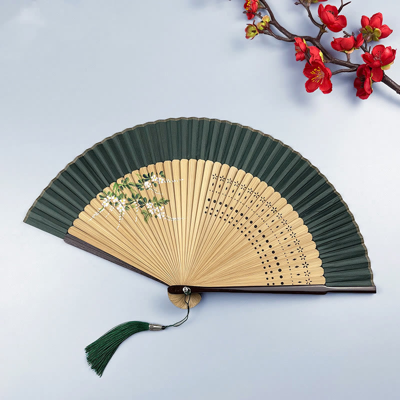 Buddha Stones Flower Rabbit Spray Painting Handheld Cotton Linen Fabric Bamboo Folding Fan - Green Peach Blossom 21cm - image 8