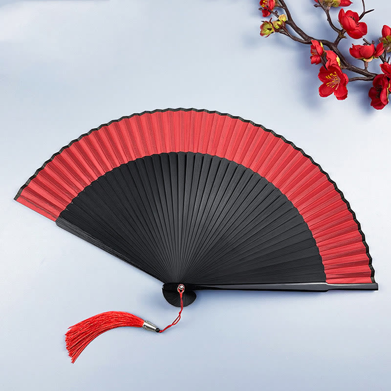 Buddha Stones Flower Rabbit Spray Painting Handheld Cotton Linen Fabric Bamboo Folding Fan - Red Black 23cm - image 3