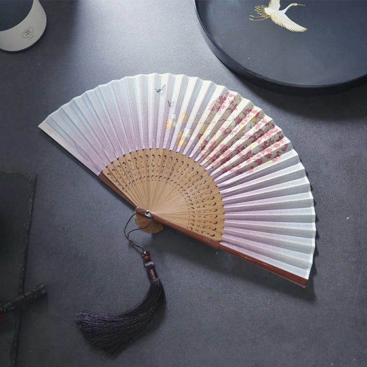 Buddha Stones Gardenia Cherry Blossom Moon Handheld Polyester Bamboo Folding Fan 21cm