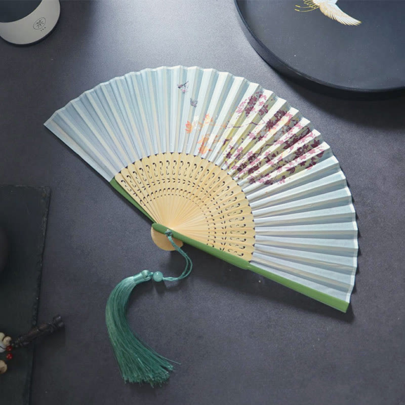 Buddha Stones Gardenia Cherry Blossom Moon Handheld Polyester Bamboo Folding Fan 21cm