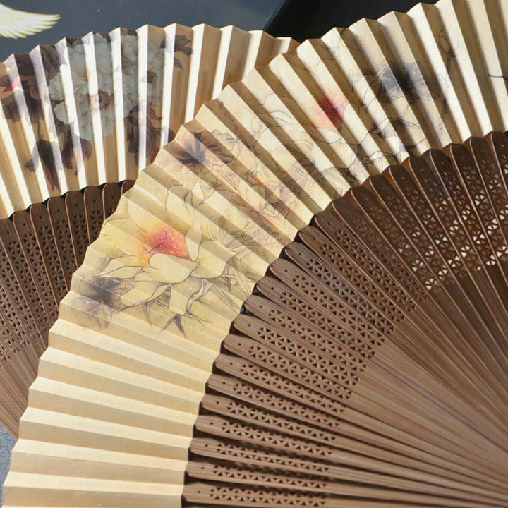 Buddha Stones Lotus Dragonfly Peony Butterfly Handheld Paper Bamboo Folding Fan 22.5cm