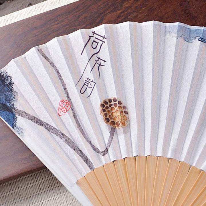 Buddha Stones Chinese Characters Ink Painting Lotus Flower Leaf Landscape Handheld Huayao Crepe Polyester Bamboo Folding Fan 23.3cm