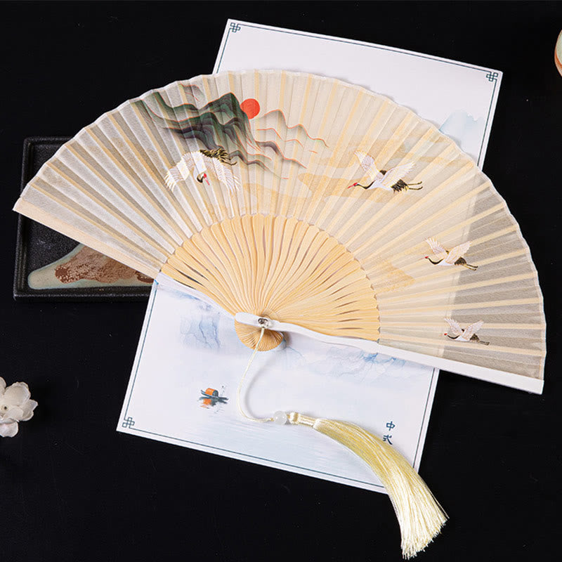 Buddha Stones Cranes Auspicious Clouds Solid Color Gradient Handheld Cotton Linen Fabric Bamboo Folding Fan