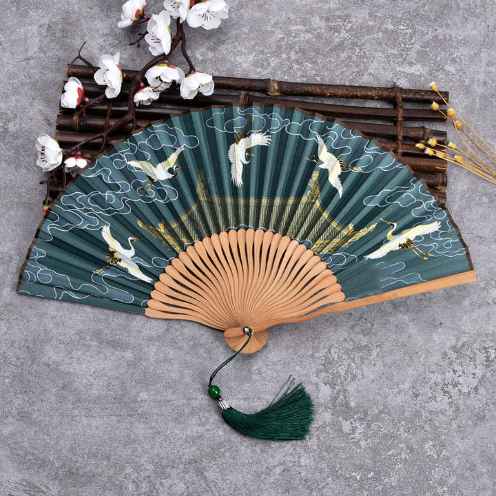 Buddha Stones Cranes Auspicious Clouds Solid Color Gradient Handheld Cotton Linen Fabric Bamboo Folding Fan