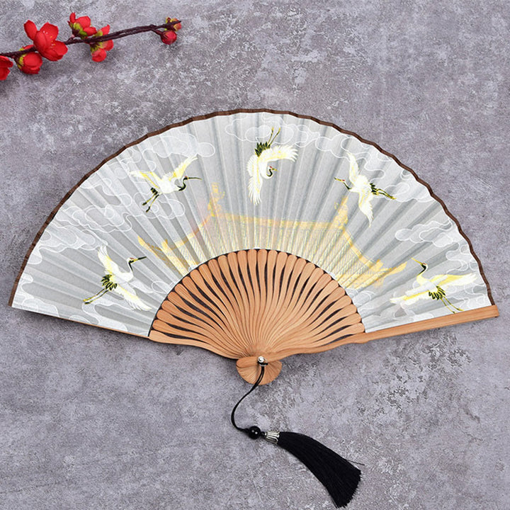 Buddha Stones Cranes Auspicious Clouds Solid Color Gradient Handheld Cotton Linen Fabric Bamboo Folding Fan