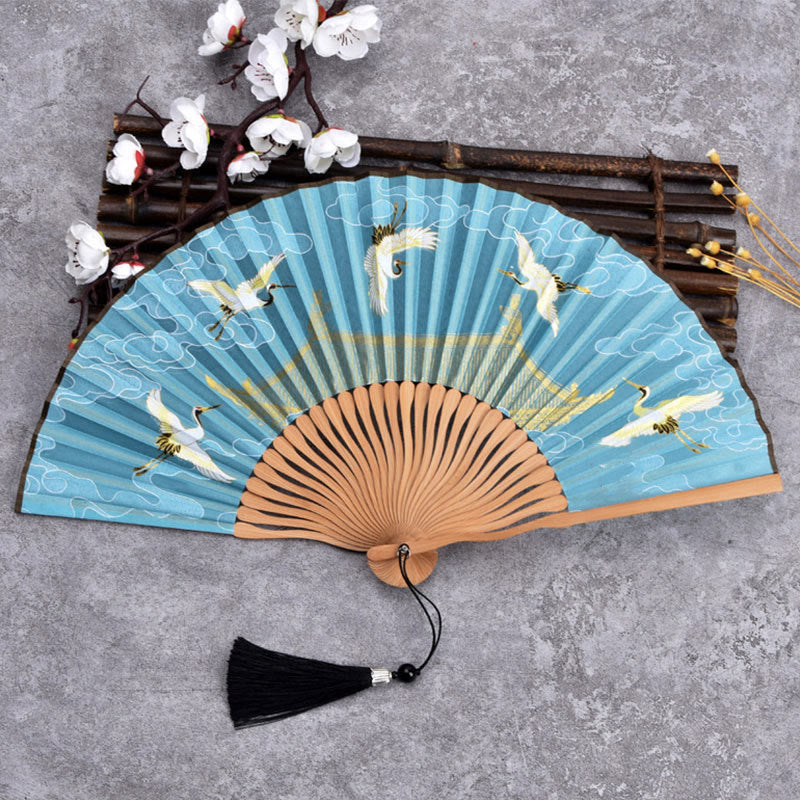 Buddha Stones Cranes Auspicious Clouds Solid Color Gradient Handheld Cotton Linen Fabric Bamboo Folding Fan