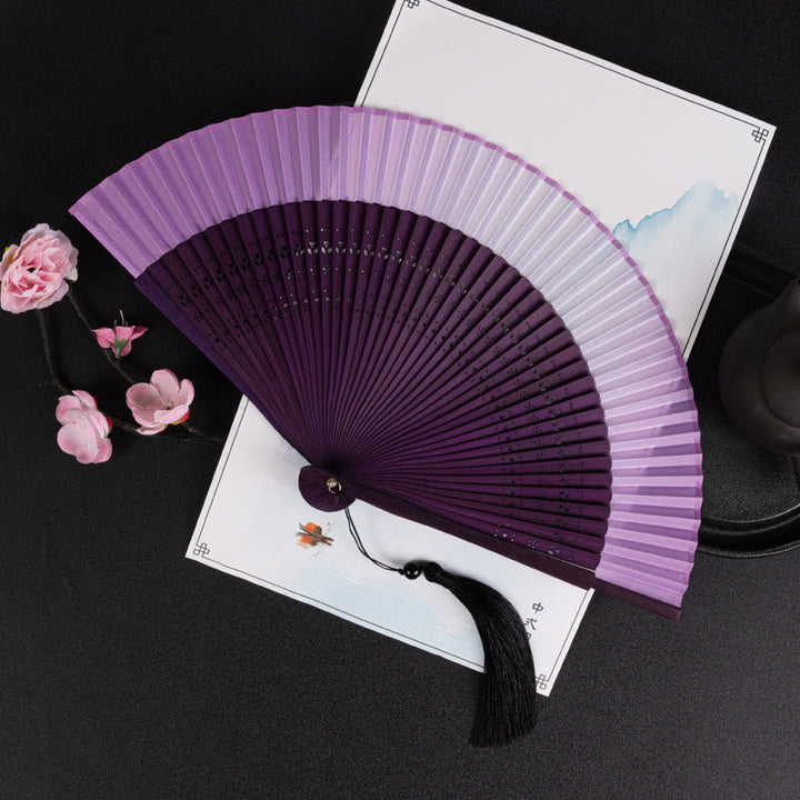 Buddha Stones Cranes Auspicious Clouds Solid Color Gradient Handheld Cotton Linen Fabric Bamboo Folding Fan