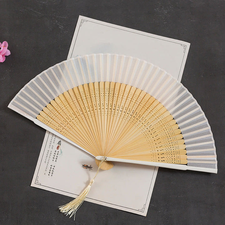 Buddha Stones Cranes Auspicious Clouds Solid Color Gradient Handheld Cotton Linen Fabric Bamboo Folding Fan