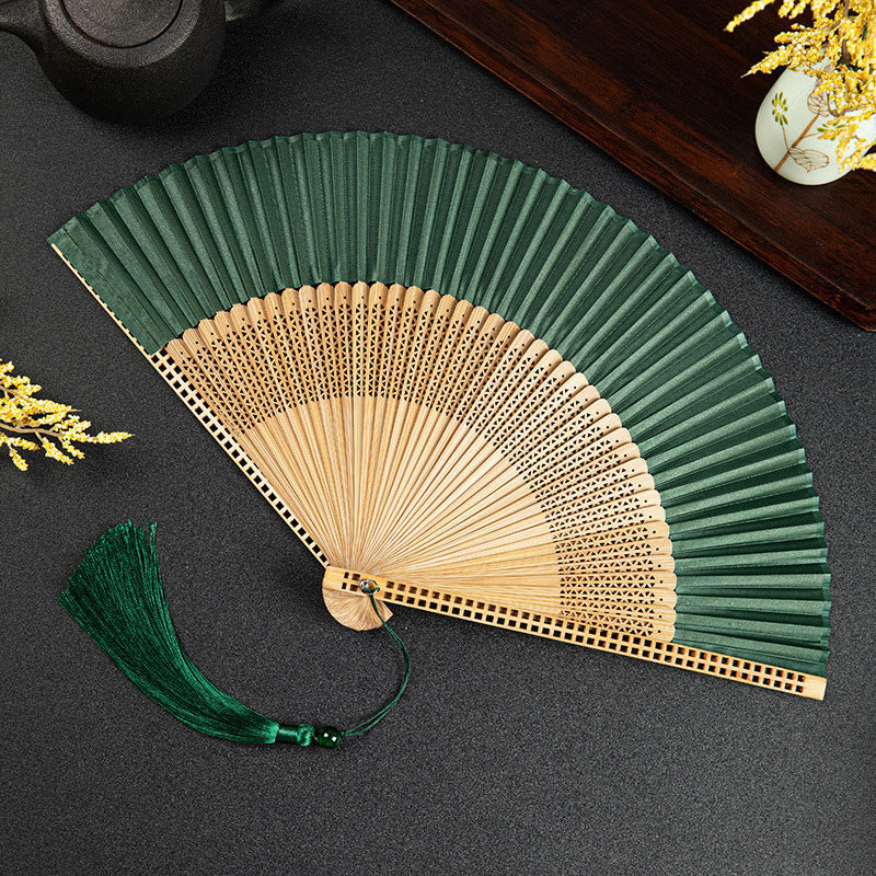 Buddha Stones Cranes Auspicious Clouds Solid Color Gradient Handheld Cotton Linen Fabric Bamboo Folding Fan