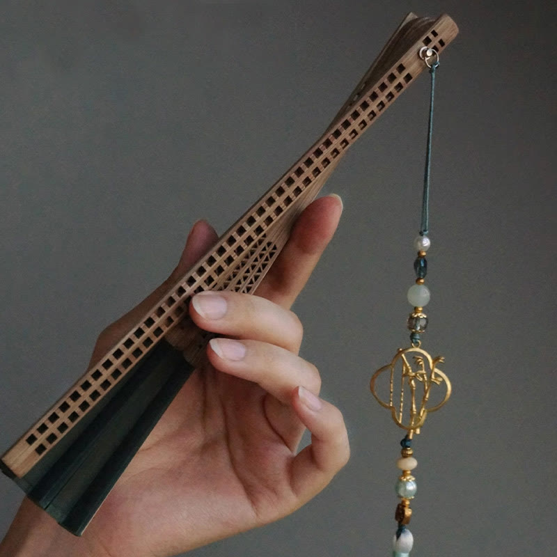 Buddha Stones Dark Green Tassel Hollow Rib Silk Handheld Bamboo Folding Fan - image 16