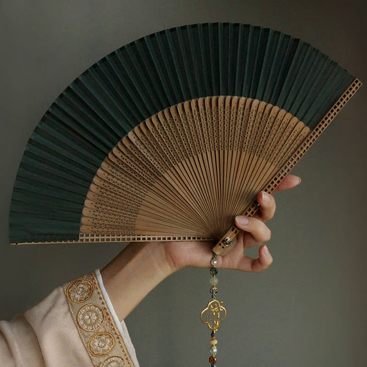 Buddha Stones Dark Green Tassel Hollow Rib Silk Handheld Bamboo Folding Fan - image 0