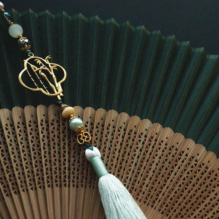 Buddha Stones Dark Green Tassel Hollow Rib Silk Handheld Bamboo Folding Fan - image 10