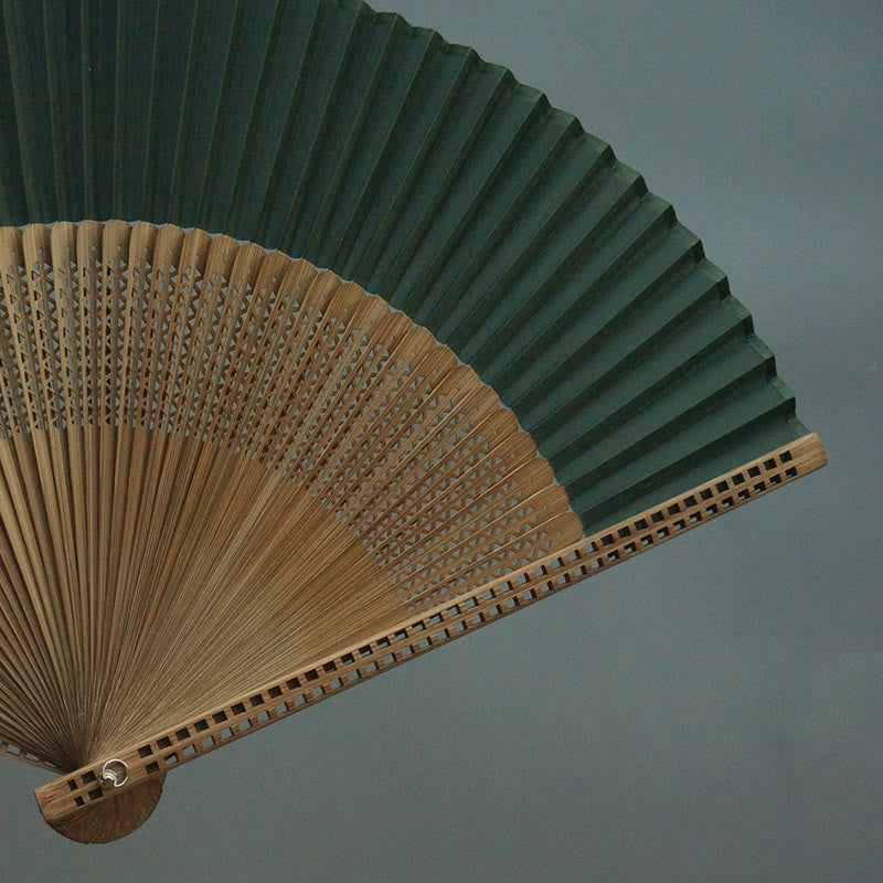 Buddha Stones Dark Green Tassel Hollow Rib Silk Handheld Bamboo Folding Fan - image 11