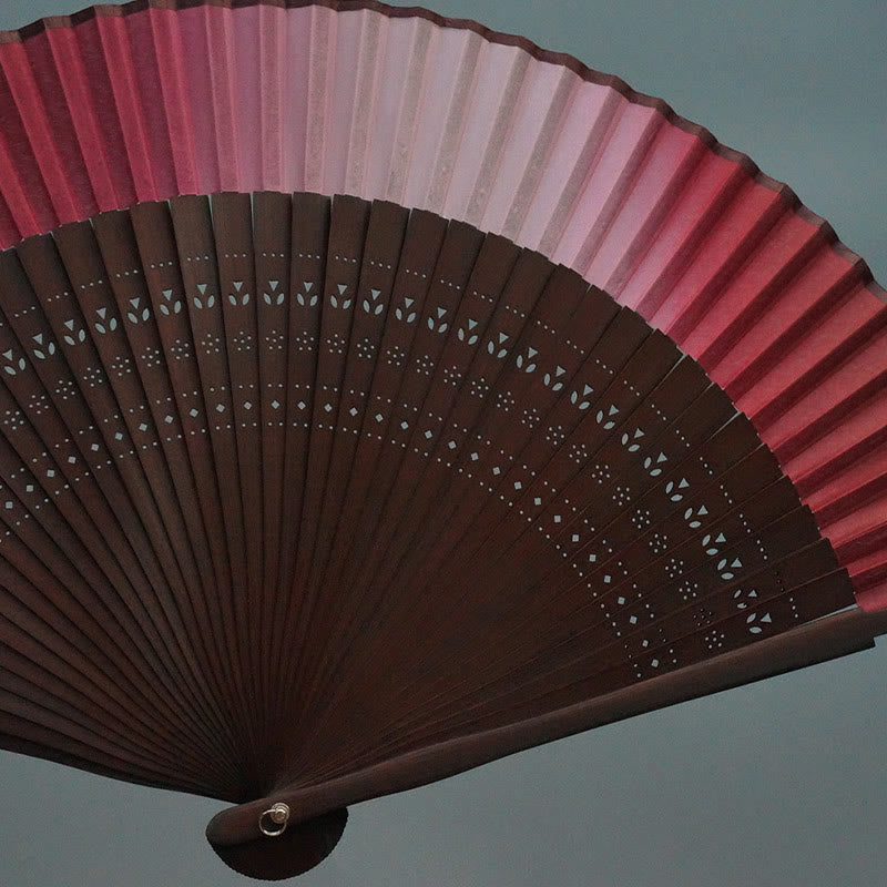 Buddha Stones Red Lily Tassel Hollow Rib Silk Handheld Bamboo Folding Fan - image 4