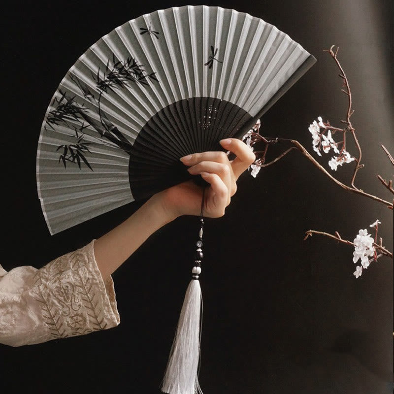 Buddha Stones Ink Bamboo Polyester Handheld Bamboo Folding Fan - image 1