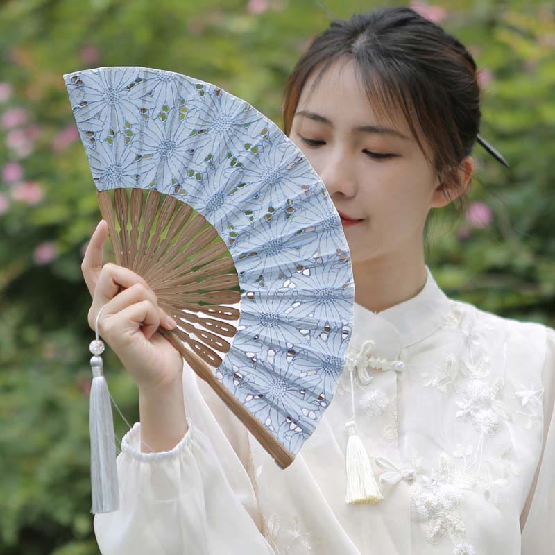 Buddha Stones Solid Color Hollow Flowers Embroidery Cotton Fabric Handheld Bamboo Folding Fan