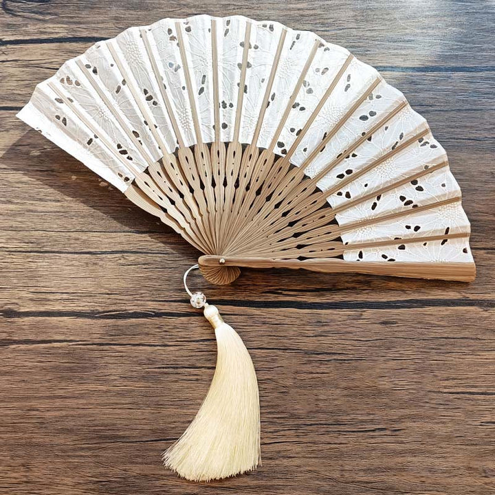 Buddha Stones Solid Color Hollow Flowers Embroidery Cotton Fabric Handheld Bamboo Folding Fan