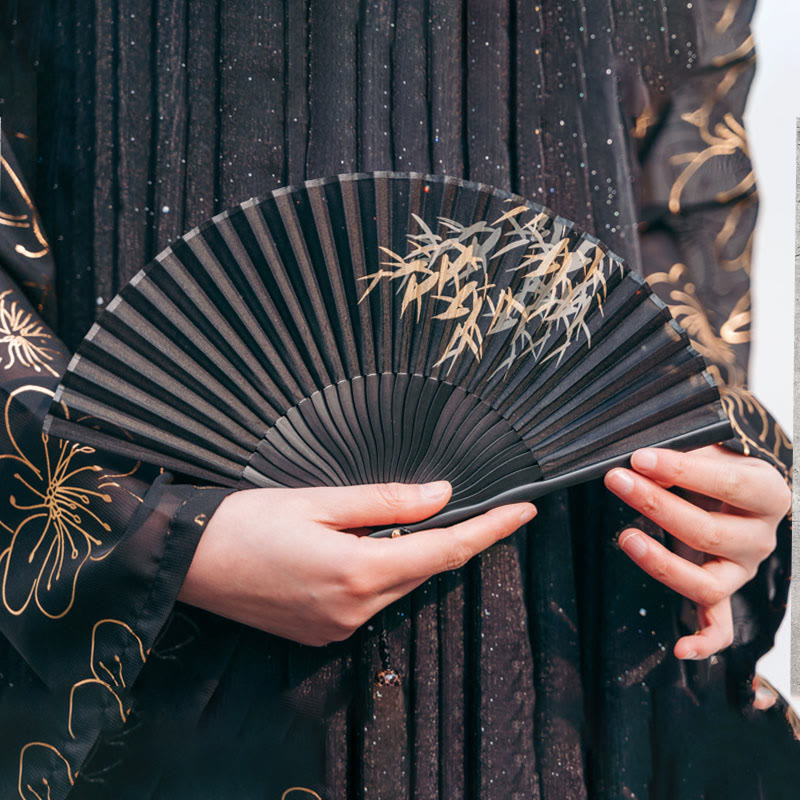 Buddha Stones Black Bamboo Leaf Print Silk Handheld Bamboo Folding Fan