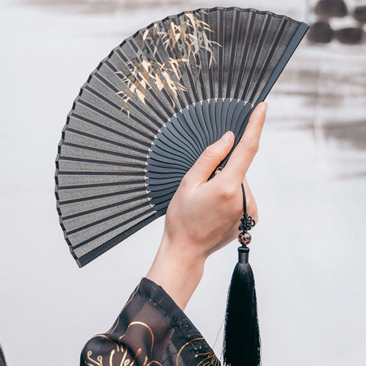 Buddha Stones Black Bamboo Leaf Print Silk Handheld Bamboo Folding Fan