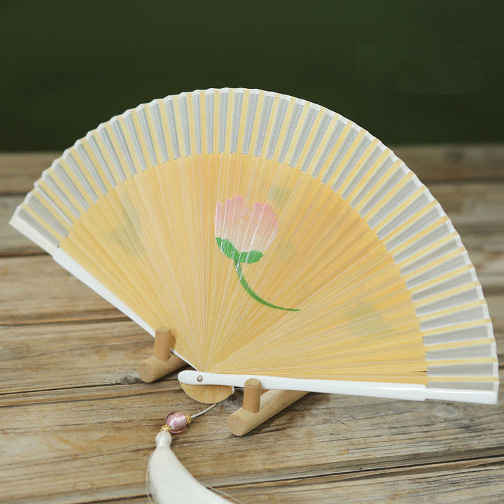 Buddha Stones Peony Flowers Silk Handheld Bamboo Folding Fan