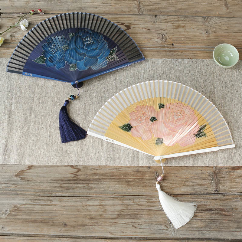 Buddha Stones Peony Flowers Silk Handheld Bamboo Folding Fan