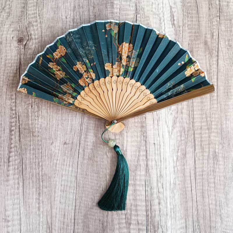 Buddha Stones Flower Persimmon Bamboo Leaves Xiangyunsha Silk Handheld Bamboo Folding Fan - Yellow flower 21cm - image 0