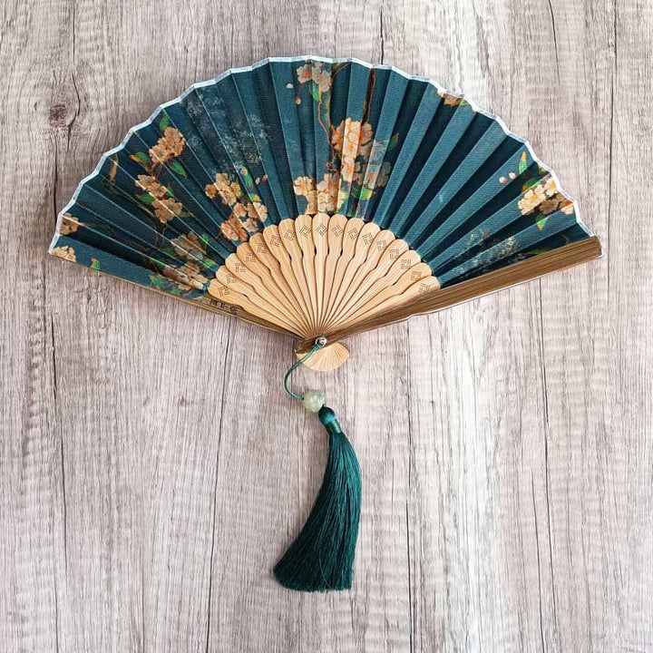 Buddha Stones Flower Persimmon Bamboo Leaves Xiangyunsha Silk Handheld Bamboo Folding Fan - Yellow flower 21cm - image 0