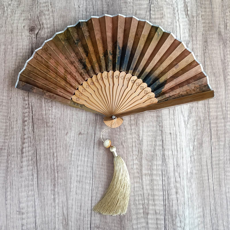 Buddha Stones Flower Persimmon Bamboo Leaves Xiangyunsha Silk Handheld Bamboo Folding Fan