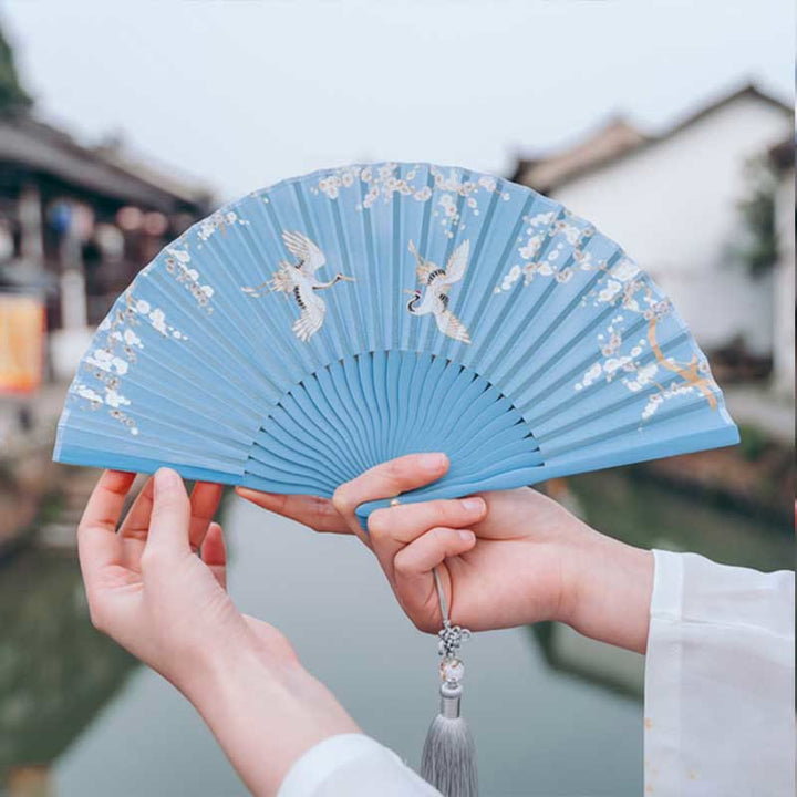 Buddha Stones Crane Plum Blossom Handheld Silk Bamboo Folding Fan