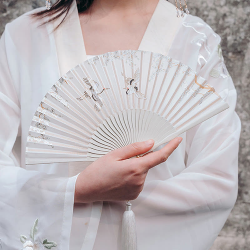 Buddha Stones Crane Plum Blossom Handheld Silk Bamboo Folding Fan