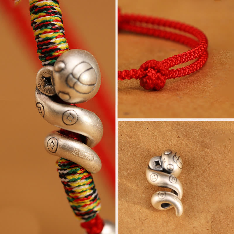 Buddha Stones 999 Sterling Silver Year of the Snake Handmade Lucky Fortune Fu Character Copper Coin Blessing Bracelet