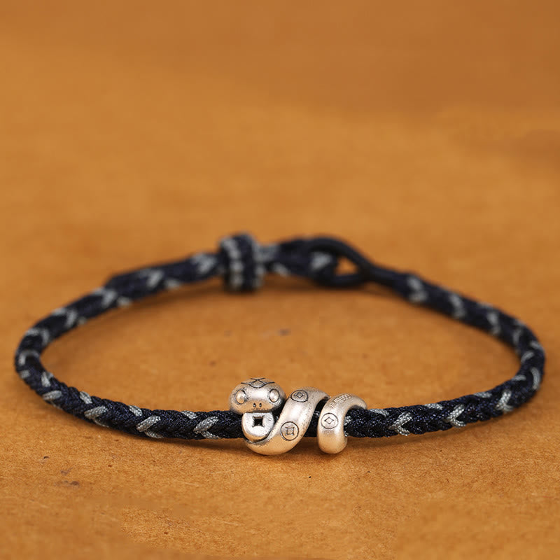 Buddha Stones 999 Sterling Silver Year of the Snake Handmade Copper Coin Protection Braided Bracelet - Blue - 18-22cm - image 12