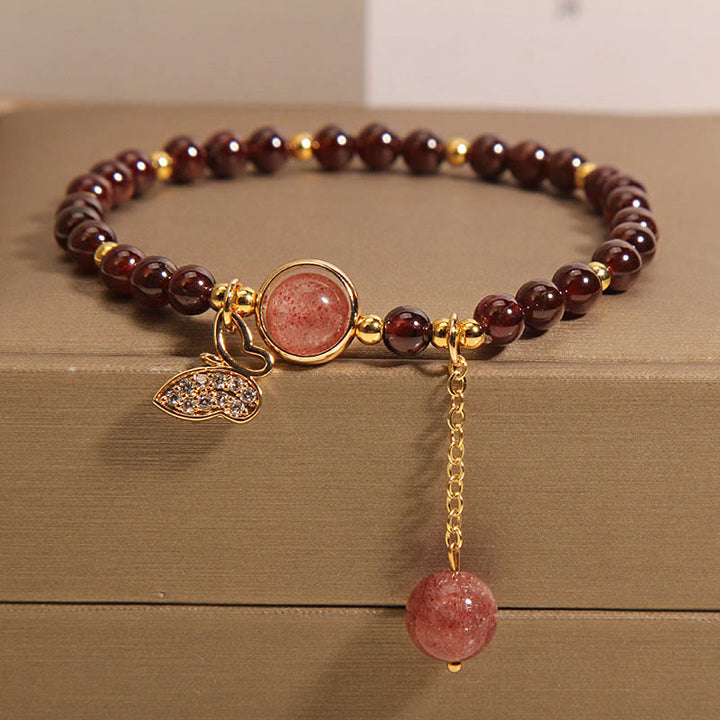 Buddha Stones Natural Garnet Strawberry Quartz Butterfly Protection Bracelet