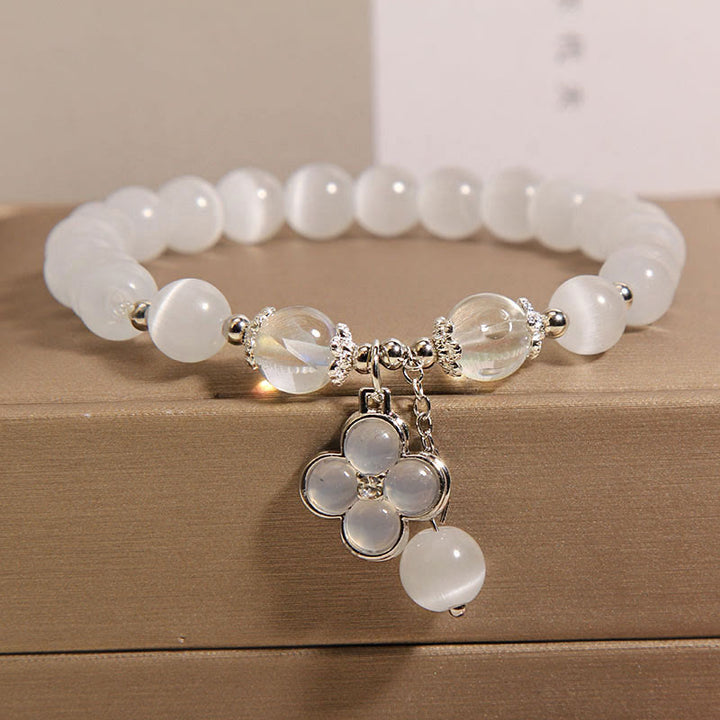 Buddha Stones Cat's Eye Crystal Lucky Four Leaf Clover Charm Love Bracelet