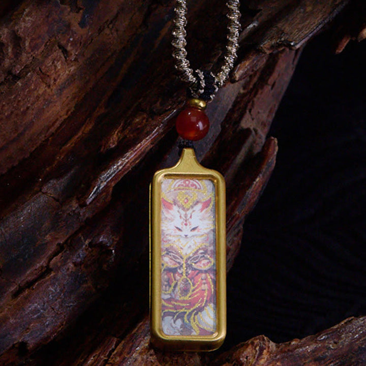Buddha Stones Tibet Zakiram Yellow God of Wealth Nine Tailed Fox Hand-Painted Thangka Calm Necklace Pendant - Nine-Tailed Fox - image 9