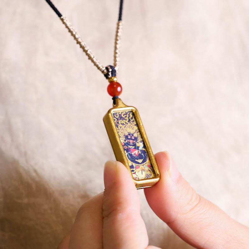 Buddha Stones Tibet Zakiram Yellow God of Wealth Nine Tailed Fox Hand-Painted Thangka Calm Necklace Pendant - image 6