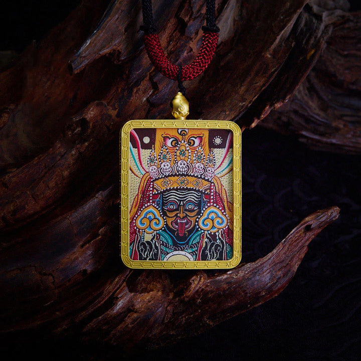 Buddha Stones Tibetan Zakiram Nine-Tailed Fox Yellow God of Wealth Painted Thangka Hope Necklace Pendant