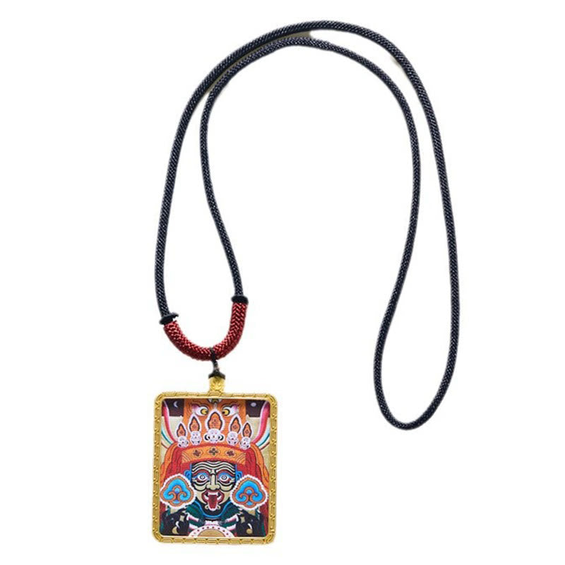 Buddha Stones Tibetan Zakiram Nine-Tailed Fox Yellow God of Wealth Painted Thangka Hope Necklace Pendant