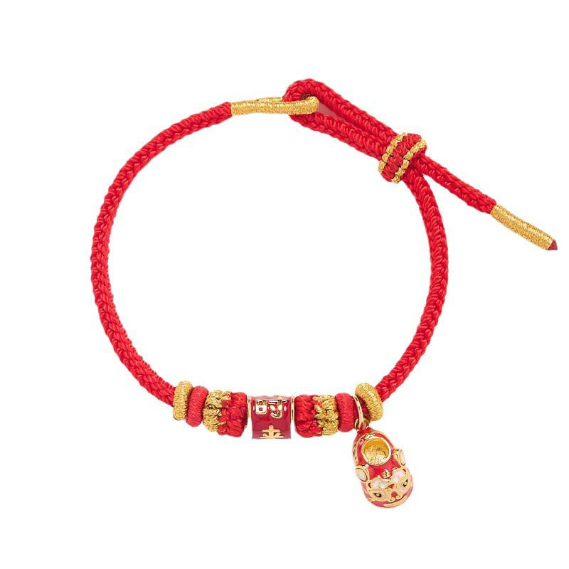 Buddha Stones Red String Gold Plated Copper Shi Lai Yun Zhuan Shoe Pendant Protection Braided Bracelet